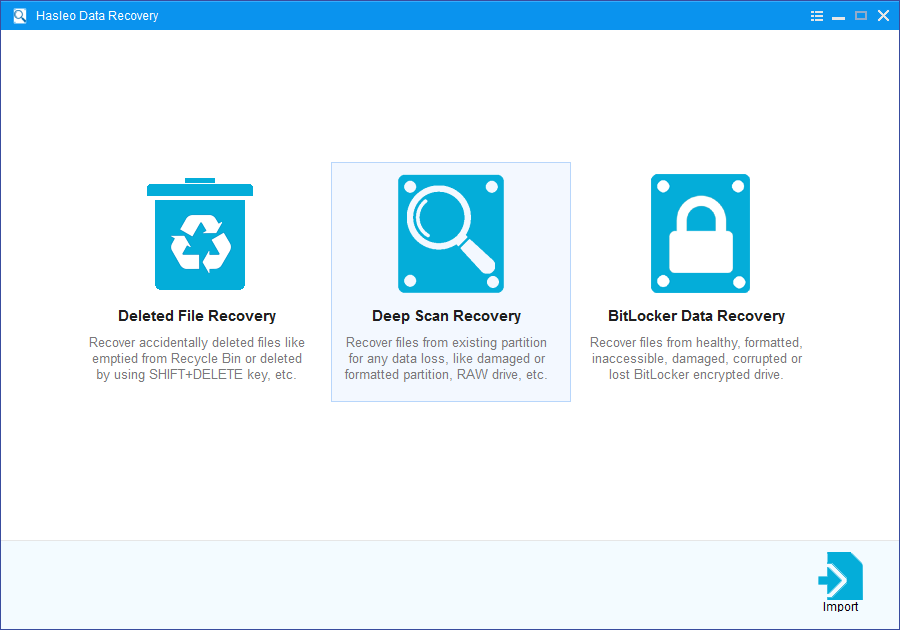  The image is showing three data recovery options: Deleted File Recovery, Deep Scan Data Recovery, and BitLocker Data Recovery.
